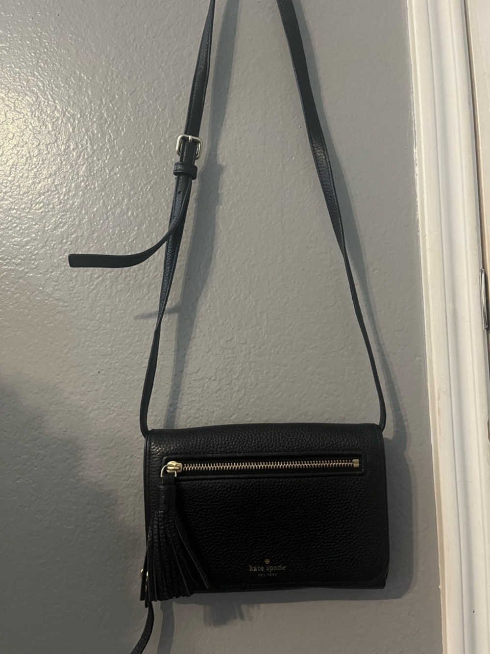kate spade Black Pebbled Leather Crossbody with Tassel Zip